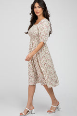 Cream Floral Smocked Midi Dress