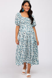 Teal Floral Square Neck Smocked Maternity Midi Dress