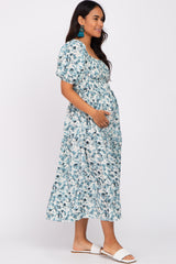 Teal Floral Square Neck Smocked Maternity Midi Dress