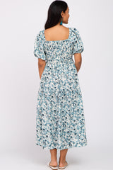 Teal Floral Square Neck Smocked Maternity Midi Dress