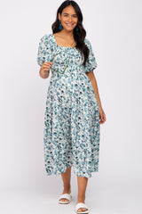 Teal Floral Square Neck Smocked Maternity Midi Dress