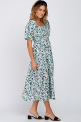 Teal Floral Square Neck Smocked Midi Dress