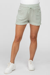 Light Olive Linen Fringe Hem Drawstring Maternity Shorts