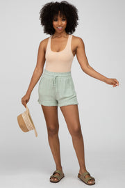 Light Olive Linen Fringe Hem Drawstring Shorts