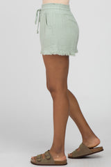 Light Olive Linen Fringe Hem Drawstring Shorts