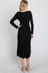 Black Ribbed Knit Front Tie Midi Dress