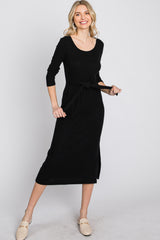 Black Ribbed Knit Front Tie Midi Dress