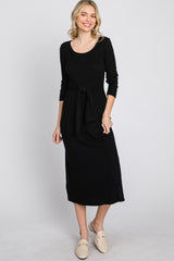 Black Ribbed Knit Front Tie Midi Dress