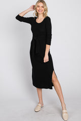 Black Ribbed Knit Front Tie Midi Dress