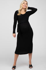 Black Ribbed Knit Front Tie Maternity Midi Dress