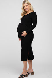 Black Ribbed Knit Front Tie Maternity Midi Dress