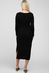 Black Ribbed Knit Front Tie Maternity Midi Dress