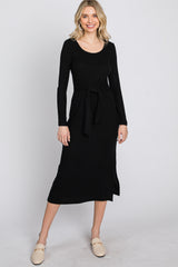 Black Ribbed Knit Front Tie Maternity Midi Dress