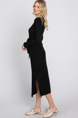 Black Ribbed Knit Front Tie Midi Dress