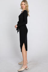 Black Ribbed Knit Front Tie Midi Dress