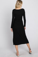 Black Ribbed Knit Front Tie Midi Dress