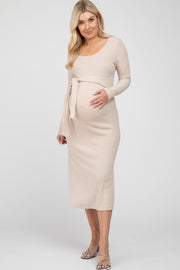 Beige Ribbed Knit Front Tie Maternity Midi Dress