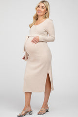 Beige Ribbed Knit Front Tie Maternity Midi Dress