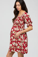 Red Floral Smocked Maternity Dress