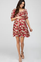 Red Floral Smocked Maternity Dress