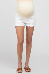 White Distressed Fringe Maternity Denim Shorts