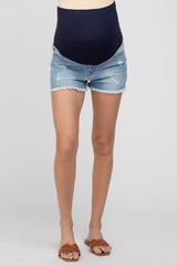 Light Blue Distressed Fringe Maternity Denim Shorts