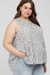 White Floral Split V-Neck Ruffle Hem Hi-Low Maternity Plus Top