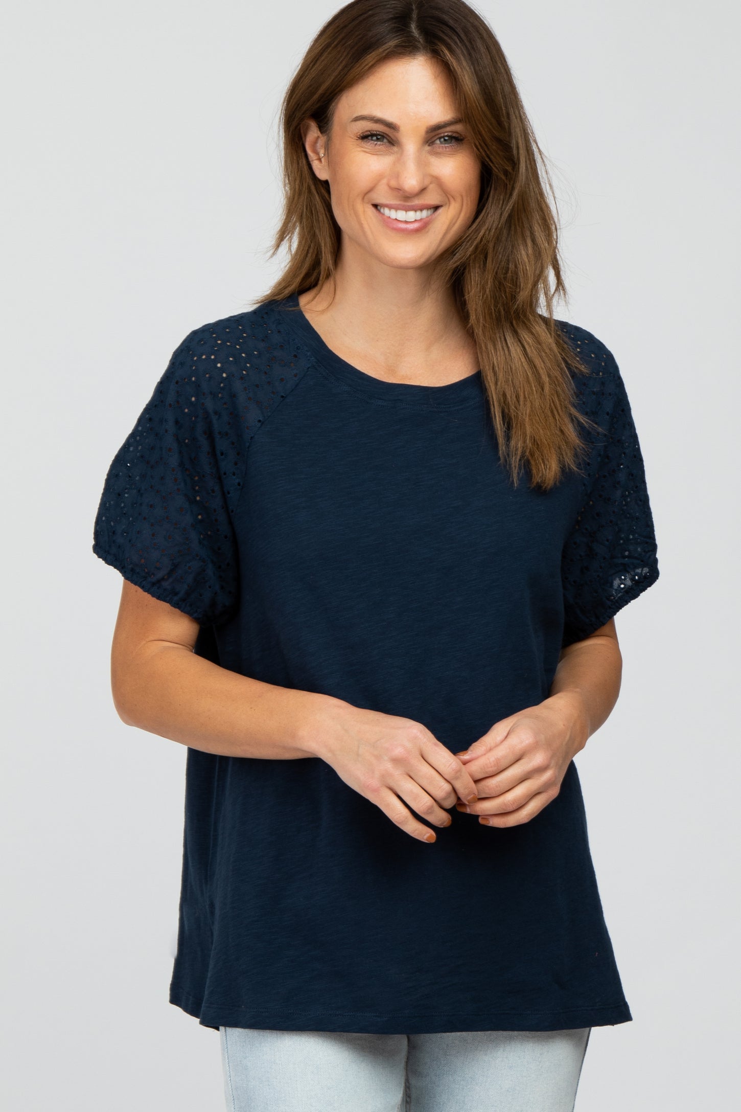 Navy Blue Oversized Eyelet Puff Sleeve Top – PinkBlush