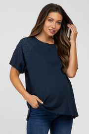 Navy Blue Oversized Eyelet Puff Sleeve Maternity Top