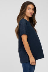 Navy Blue Oversized Eyelet Puff Sleeve Maternity Top