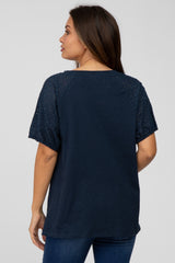 Navy Blue Oversized Eyelet Puff Sleeve Maternity Top