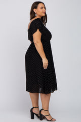 Black Embroidered Dot Smocked Square Neck Plus Midi Dress