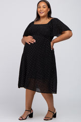 Black Embroidered Dot Smocked Square Neck Maternity Plus Midi Dress