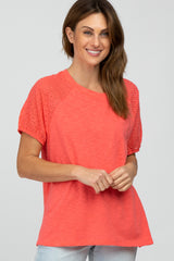 Coral Oversized Eyelet Puff Sleeve Top