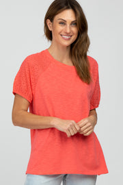 Coral Oversized Eyelet Puff Sleeve Top