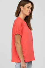 Coral Oversized Eyelet Puff Sleeve Top