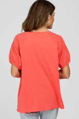 Coral Oversized Eyelet Puff Sleeve Top