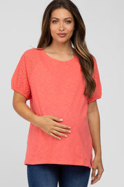 Coral Oversized Eyelet Puff Sleeve Maternity Top