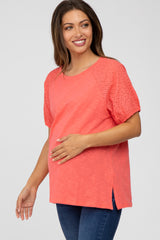 Coral Oversized Eyelet Puff Sleeve Maternity Top