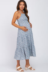 Blue Floral Smocked Halter Neck Maternity Midi Dress