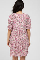 Mauve Floral Ruffle Accent Maternity Dress