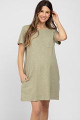 Olive Heathered Pocket Front Maternity T-Shirt Dress