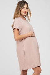 Light Pink Heathered Pocket Front Maternity T-Shirt Dress