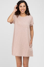 Light Pink Heathered Pocket Front T-Shirt Dress