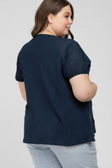 Navy Blue Oversized Eyelet Puff Sleeve Maternity Plus Top