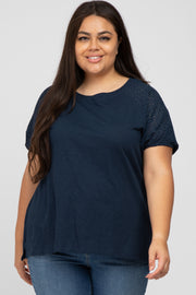 Navy Blue Oversized Eyelet Puff Sleeve Plus Top