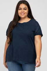 Navy Blue Oversized Eyelet Puff Sleeve Maternity Plus Top