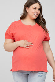 Coral Oversized Eyelet Puff Sleeve Maternity Plus Top