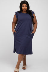 Navy Ruffle Sleeve Plus T-Shirt Midi Dress