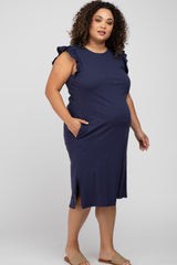 Navy Ruffle Sleeve Maternity Plus T-Shirt Midi Dress